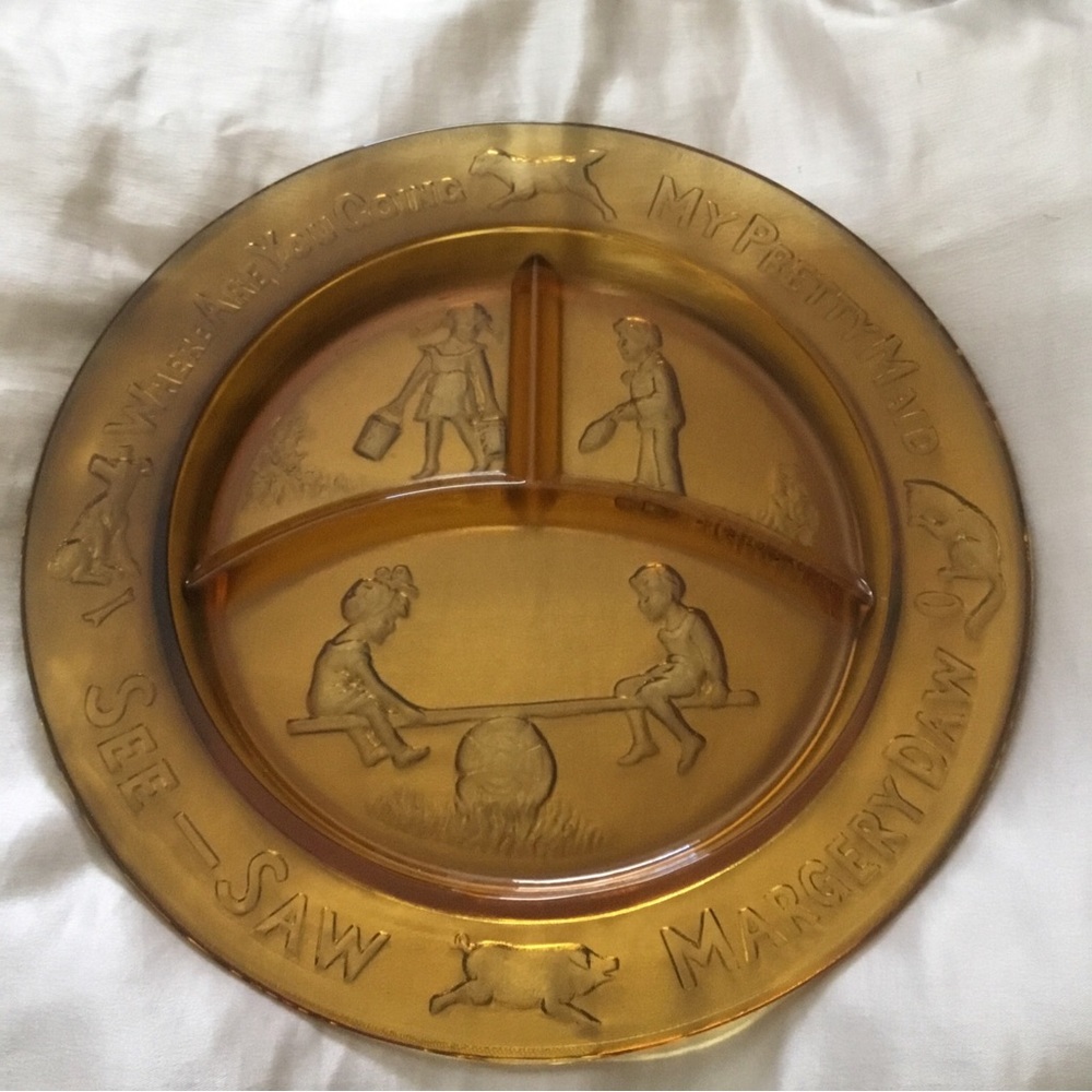 Nursery Rhyme Amber Indiana Glass Baby 3 Section Plate See Saw Margery Daw 30’s